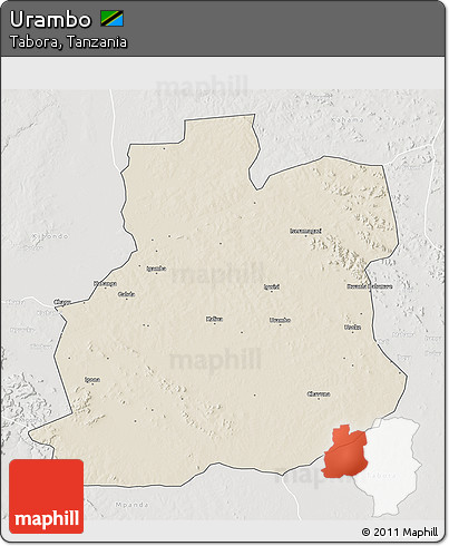 Shaded Relief 3D Map of Urambo, lighten, semi-desaturated