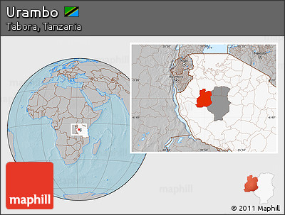 Gray Location Map of Urambo, highlighted country, highlighted parent region, hill shading