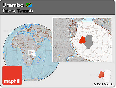 Gray Location Map of Urambo, highlighted country, highlighted parent region, hill shading