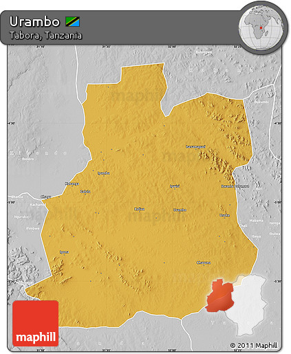 Physical Map of Urambo, lighten, desaturated