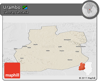 Shaded Relief Panoramic Map of Urambo, lighten, desaturated