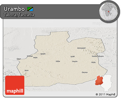 Shaded Relief Panoramic Map of Urambo, lighten, semi-desaturated