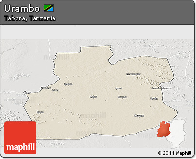 Shaded Relief Panoramic Map of Urambo, lighten, semi-desaturated