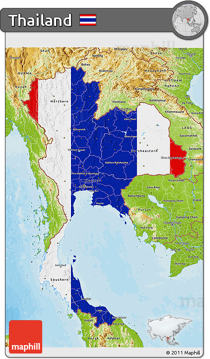 Flag 3D Map of Thailand, physical outside, bathymetry sea, flag aligned to the middle