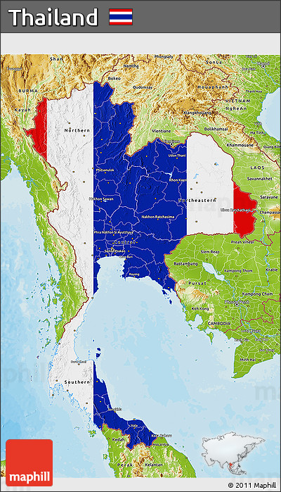 Flag 3D Map of Thailand, physical outside, bathymetry sea, flag aligned to the middle