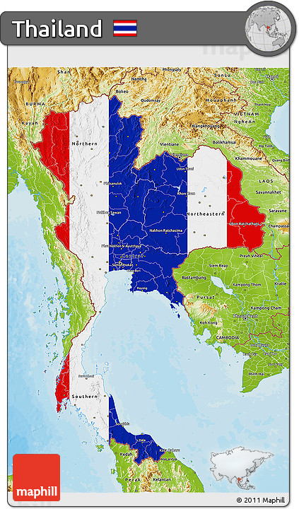 Flag 3D Map of Thailand, physical outside, bathymetry sea, flag rotated
