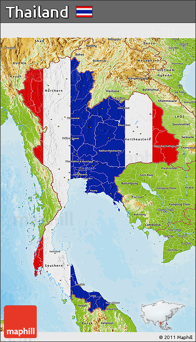 Flag 3D Map of Thailand, physical outside, bathymetry sea, flag rotated