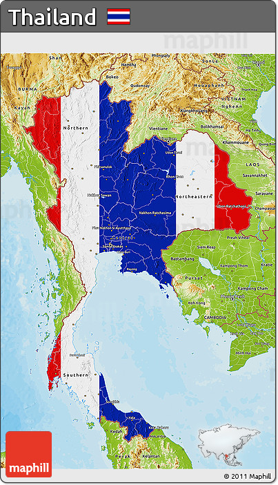 Flag 3D Map of Thailand, physical outside, bathymetry sea, flag rotated