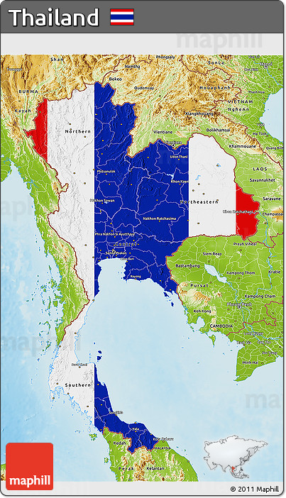 Flag 3D Map of Thailand, physical outside, flag aligned to the middle