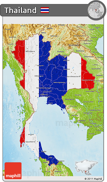 Flag 3D Map of Thailand, physical outside, flag rotated