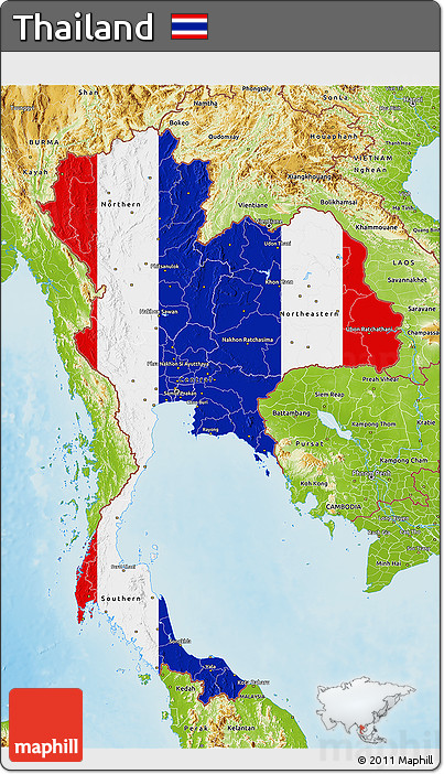 Flag 3D Map of Thailand, physical outside, flag rotated