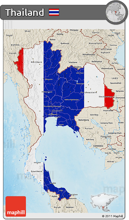 Flag 3D Map of Thailand, shaded relief outside, flag aligned to the middle