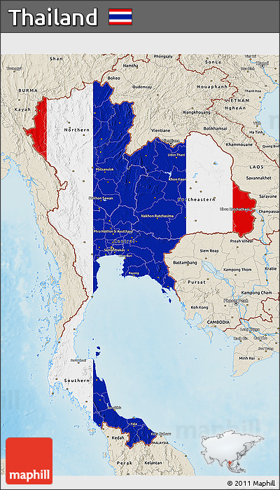 Flag 3D Map of Thailand, shaded relief outside, flag aligned to the middle