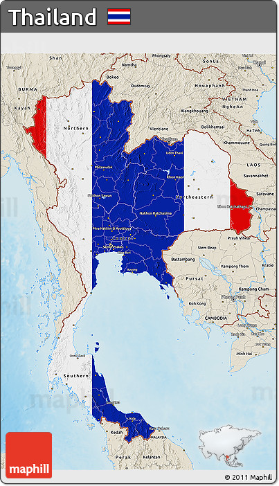 Flag 3D Map of Thailand, shaded relief outside, flag aligned to the middle