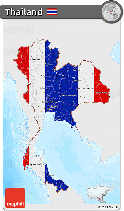 Flag 3D Map of Thailand, single color outside, bathymetry sea, flag rotated