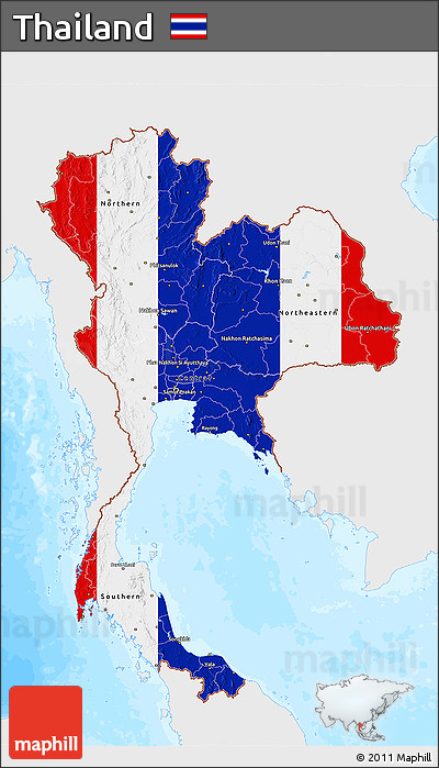 Flag 3D Map of Thailand, single color outside, bathymetry sea, flag rotated