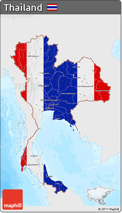 Flag 3D Map of Thailand, single color outside, bathymetry sea, flag rotated