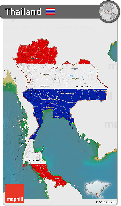Flag 3D Map of Thailand, single color outside, satellite sea, flag centered
