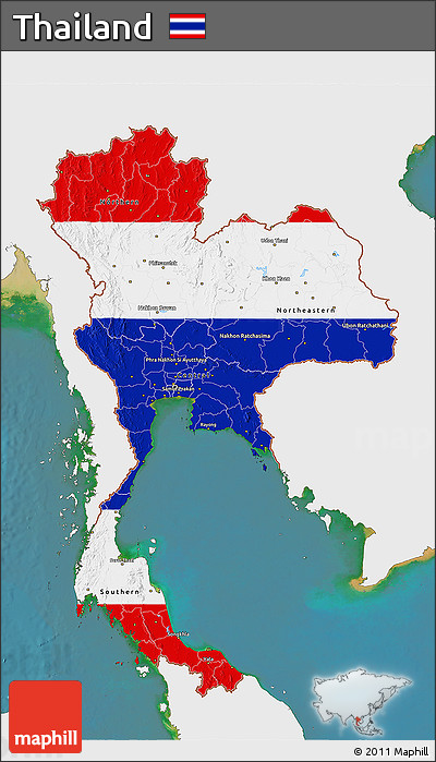 Flag 3D Map of Thailand, single color outside, satellite sea, flag centered