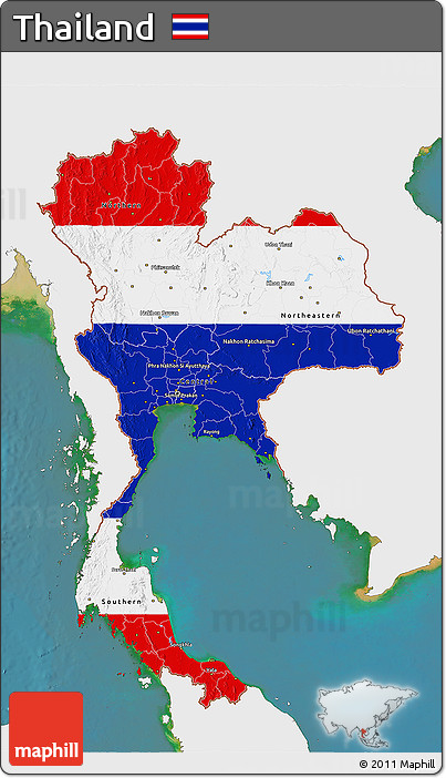 Flag 3D Map of Thailand, single color outside, satellite sea, flag centered