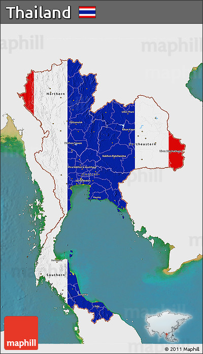 Flag 3D Map of Thailand, single color outside, satellite sea, flag aligned to the middle