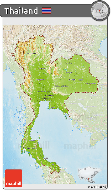 Physical 3D Map of Thailand, lighten, land only