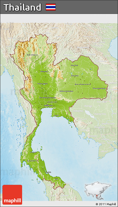 Physical 3D Map of Thailand, lighten, land only