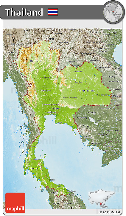 Physical 3D Map of Thailand, semi-desaturated, land only