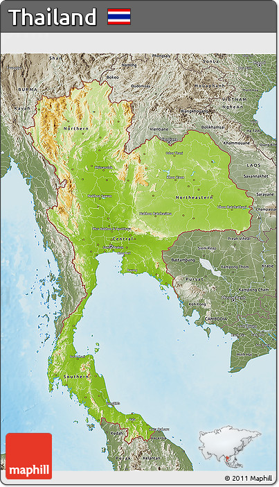 Physical 3D Map of Thailand, semi-desaturated, land only