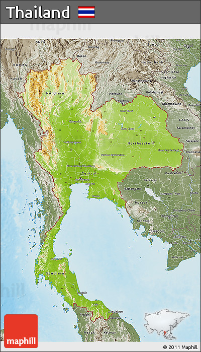 Physical 3D Map of Thailand, semi-desaturated, land only