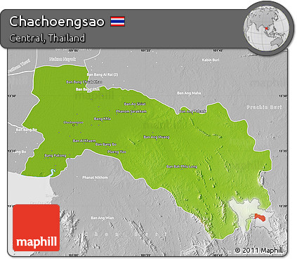 Physical Map of Chachoengsao, lighten, desaturated