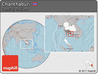 Gray Location Map of Chanthaburi, highlighted country, highlighted parent region, within the entire country, hill shading