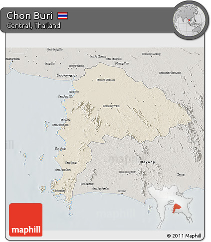 Shaded Relief 3D Map of Chon Buri, semi-desaturated