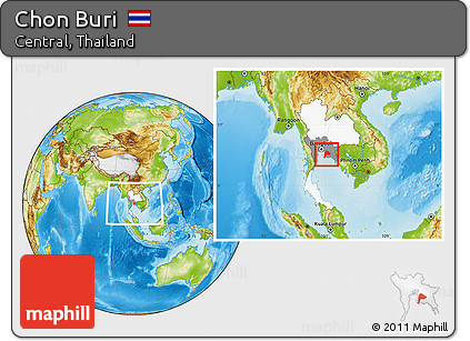 Physical Location Map of Chon Buri, highlighted country, highlighted parent region, within the entire country