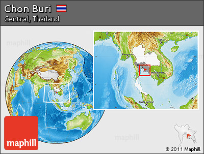 Physical Location Map of Chon Buri, highlighted country, highlighted parent region, within the entire country