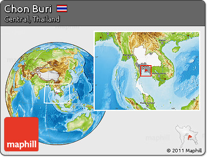 Physical Location Map of Chon Buri, highlighted country, highlighted parent region, within the entire country