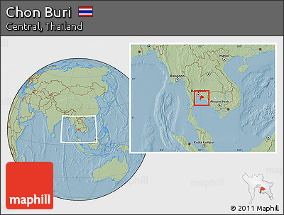 Savanna Style Location Map of Chon Buri, within the entire country, hill shading