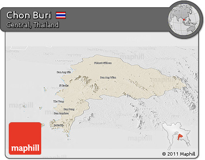Shaded Relief Panoramic Map of Chon Buri, lighten, desaturated