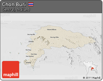 Shaded Relief Panoramic Map of Chon Buri, lighten, desaturated