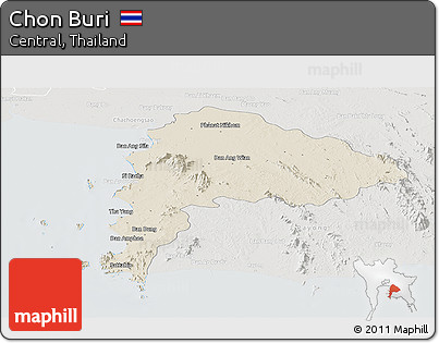 Shaded Relief Panoramic Map of Chon Buri, lighten, semi-desaturated