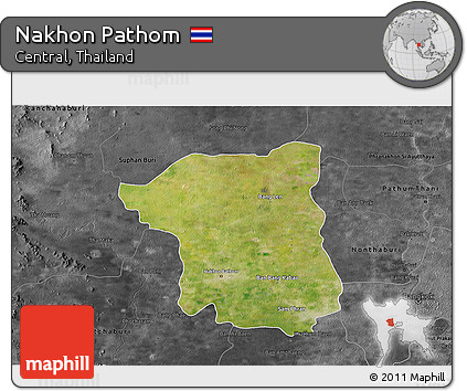 Satellite 3D Map of Nakhon Pathom, darken, desaturated