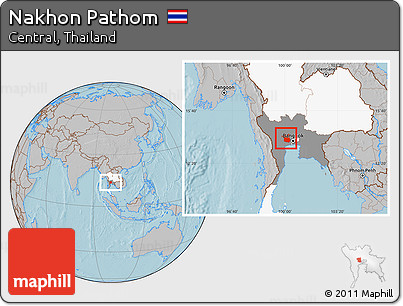 Gray Location Map of Nakhon Pathom, highlighted country, highlighted parent region, hill shading