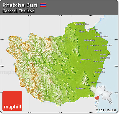 Physical Map of Phetcha Buri, single color outside