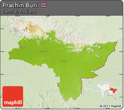 Physical Map of Prachin Buri, lighten