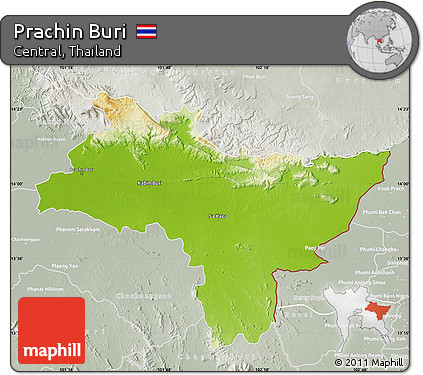 Physical Map of Prachin Buri, lighten, semi-desaturated