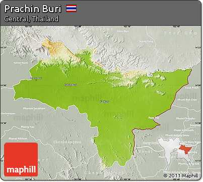 Physical Map of Prachin Buri, lighten, semi-desaturated