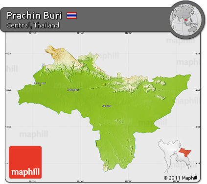 Physical Map of Prachin Buri, single color outside