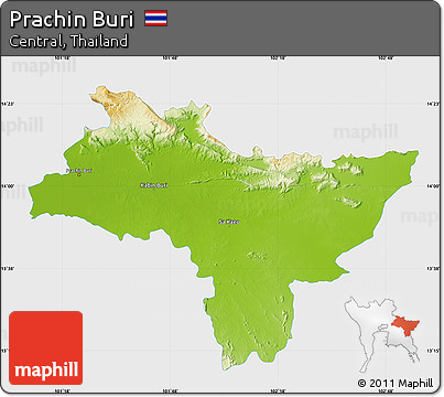 Physical Map of Prachin Buri, single color outside