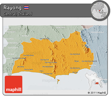 Political 3D Map of Rayong, lighten, semi-desaturated