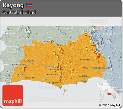 Political 3D Map of Rayong, lighten, semi-desaturated